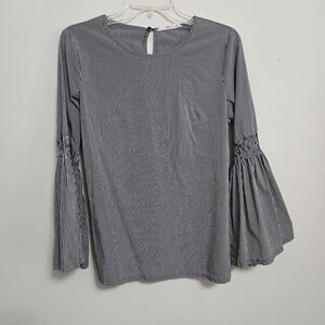 Solitaire Women's Fun Flirty Blue White Stripe Bell Sleeve Blouse Top Size S